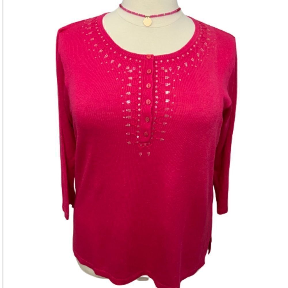 NWT Chico's Estella Henley Linen Embellished Pullover Hot Pink Sweater- … - Picture 2 of 12